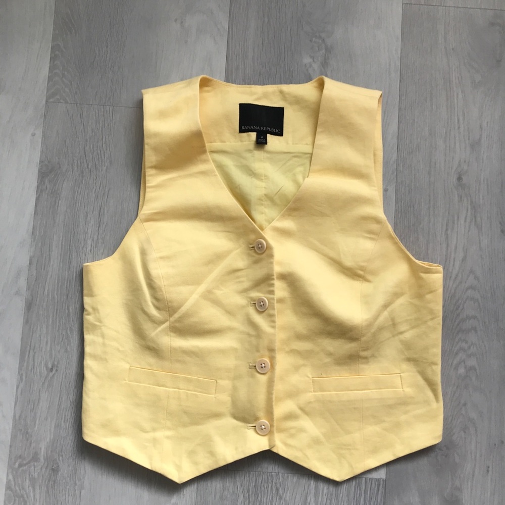 BANANA REPUBLIC LINEN VEST YELLOW V NECK BUTTON SLEEVELESS JACKET WOMENS 4